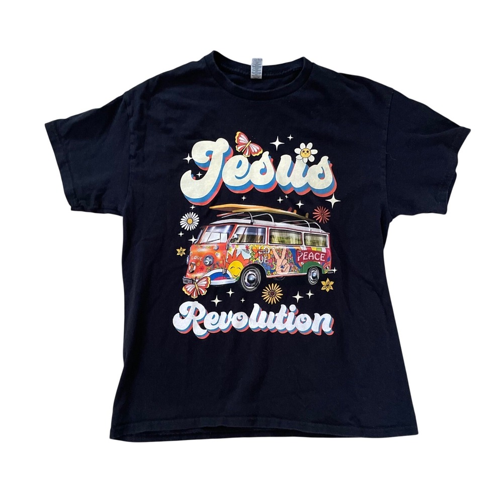 Gildan Jesus Revolution T-Shirt Black Large Hippie Van Graphic Retro 70s Style